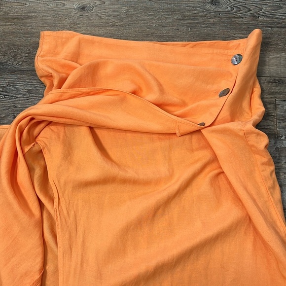 H&M Linen Viscose Orange Faux Wrap Long Column Skirt Shell Button Bright Sz 14 - Picture 9 of 12